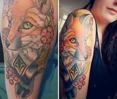 a woman with tattoos on her arm and another photo of the same person's arm