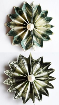 two origami flowers made out of dollar bills