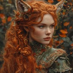 a woman with long red hair and horns