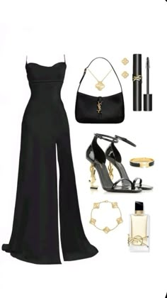 a woman's black outfit and accessories including shoes, handbag, lipstick, bracelets