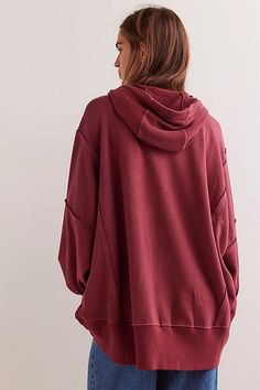 Found: *the* coolest hoodie featured in an oversized, slouchy fit with zip-front closure, exposed seaming, and defined sleeves for added shape. **Fit:** Relaxed, slouchy fit **Features:** Drawstring hood, zip-front closure, side pockets, raw seaming, ribbed hems, thumbhole details, dropped sleeves **Why We ❤ It:** Just as effortless as it is essential, this timeless hoodie is perfect to pair with a comfy, relaxed outfit or with a classic denim and tee for staple style from season to season. | We Relaxed Outfit, Red Fits, Boho Clothing, Hoodie Top, Jacket Outfits, Boho Outfits, Clothes For Sale, Active Wear, Free People