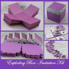 an assortment of purple and white items for a wedding or birthday party with the words exploding box innovation kit written below