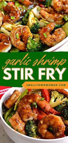 garlic shrimp stir fry with broccoli and peppers in a white bowl on a table