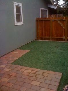 a dog is sitting on the grass in front of a house with a wooden fence