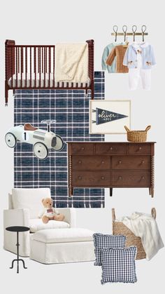 Baby nursery, baby crib, plaid rug, gingham pillows, dark wood furniture Vintage Baby Boy Nursery, Vintage Nursery Boy, Nursery Trends, Vintage Baby Boys, Nursery Room Design, Baby Boy Room Nursery, Baby Room Inspiration, Dream Nurseries, Nursery Room Inspiration