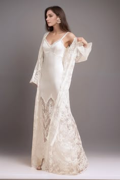 Chantilly floral lace long Lingerie Robe with silky satin lace nightgown Kimono Gown, Lace Bridal Robe, Nightgown Sets, Gown Vintage, Silk Nightgown, Bridal Robe, Lace Nightgown, Exclusive Dress