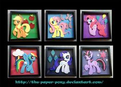 the paper ponys are all different colors and sizes in this shadow box with black background