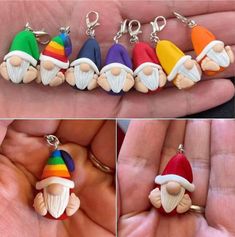 four different pictures of gnome keychains being held by someone's hand in the same photo