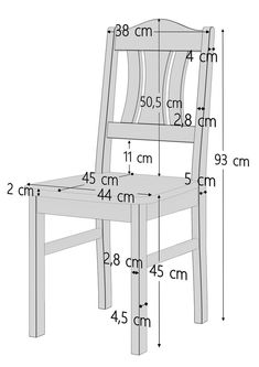 a wooden chair with measurements for the seat