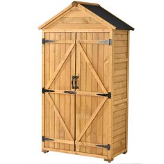 a wooden storage shed with two doors and a black roof on the top, isolated against a white background