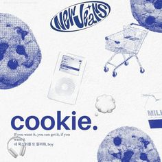 an advertisement for cookies with blue and white images