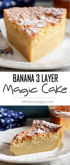 banana layer magic cake on a white plate with the title above it in black and white