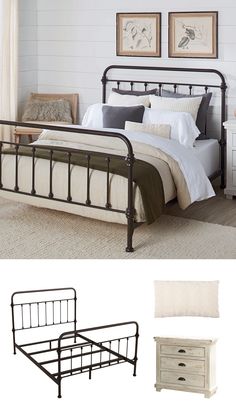 Using black furniture in the bedroom is becoming a popular trend, and it works perfectly with a farmhouse-inspired space. Using an iron bed frame, you can get the trendy look of black furniture with the cozy feel of farmhouse style. Check out our guide on How to Decorate a Bedroom with Black Furniture to learn more. Bedroom With Black Iron Bed, Bedding With Black Furniture, Bedroom With Black Furniture, Black Iron Bed, Iron Beds, Transitional Decor Bedroom, Iron Bed Frame, Black Bedroom Furniture