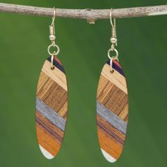 wooden earrings hanging from a tree branch