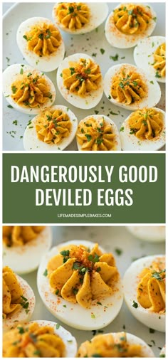 deviled eggs are stuffed with cheese and garnished with herbs