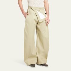 Bottega Veneta twill pants featuring a buttoned sailor flap on front High rise Side slip pockets Back flap pockets Full length Wide legs Polypropylene Made in Italy Modern Trousers With Patch Pockets, Modern Beige Bottoms With Pockets, Mens Wide Leg Pants, Sailor Pants, Twill Pants, Wide Legs, Flap Pocket, Bottega Veneta, Wide Leg Pants