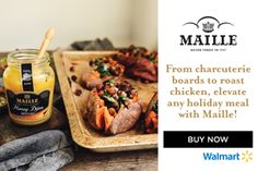 an advertisement for maille with food items on the table and in front of it