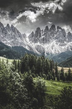 the mountains are covered in snow and green grass, under a dark sky with clouds