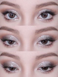 Eye Makeup Ideas Silver, Grey Shimmer Eye Makeup, Simple Makeup Looks With Glitter, Simple White Glitter Eye Makeup, Brown Silver Makeup, Silver Makeup Looks For Wedding, Light Silver Makeup Looks, Makeup Looks Black And Silver, Silver Grey Makeup Look