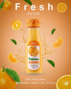 an orange juice bottle with fresh fruit flying around it and the words, tropical juice 100 % pure juice refresh your life style