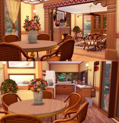 three different views of a kitchen and dining room in the same house, with flowers on the table