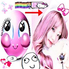 a girl with pink hair is holding a camera and smiling at the camera, next to an emo emo smiley face