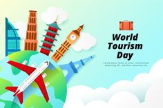 an airplane flying over the world with buildings and luggage on it's back, that says world tourism day