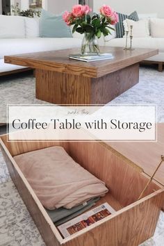 a coffee table with storage underneath it and pink roses in a vase on the end