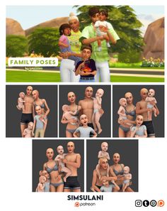 the family poses for simulani is shown in several different positions, including an adult and