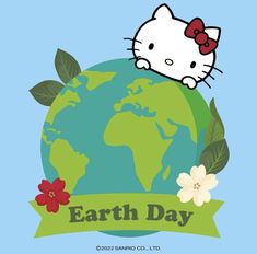 a hello kitty sitting on top of the earth with leaves and flowers around it's neck