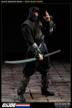 Sideshow Collectibles presents the Black Dragon Ninja Sixth Scale Figure. These ruthless ninja warriors are swift, silent, and deadly, and they pose a tremendous threat to anyone who crosses them! Featuring Sideshow's Prometheus 1.1 body with over 30 points of articulation, the Black Dragon Ninja goes in for the kill with realistic black COBRA ninja outfit and equipped with an arsenal of weapons, including Tanto knife with scabbard, Nodachi sword with scabbard, Kyoketsu-Shoge, Six (6) Hira shuriken, AK-74SU assault rifle w/ parastock, pad, silencer and sight, and spare Five (5) waffle magazines. The figure comes complete with waist support extendable figure stand with COBRA stand. Dragon Ninja, Ninja Action Figures, Bass Fishing Shirts, Joe Black, Gi Joe Cobra, Japanese Warrior