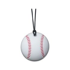 a baseball ornament hanging from a cord