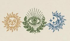 three sun, moon and eye symbols in different colors