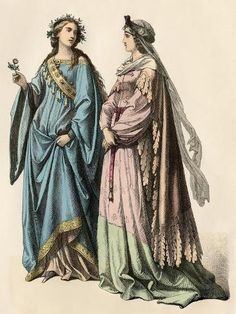 size: 12x9in Giclee Print: Noble Ladies around 1400 - Noble Ladies of the 1400S Antique Hand-Colored Print : Byzantine Dress 12th Century, 1400s Fashion Women, Noble Lady Aesthetic, Ancient Norse Clothing, Medieval France Clothing, 1400s Aesthetic, 1400 Fashion, 14th Century Fashion, 1400s Fashion