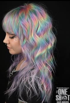 Pastel Prism Hair, Silver Rainbow Hair, Silver And Rainbow Hair, Muted Rainbow Hair, Rainbow Prism Hair, Prism Hair Color, Holographic Hair Color, Oil Spill Hair