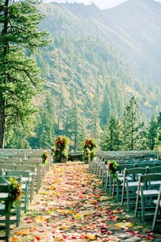 rows of chairs with flowers and greenery on the ground at a wedding ceremony in the mountains