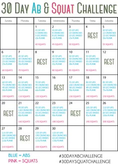 the 30 day ab and squat challenge calendar is displayed on an iphone screen with text