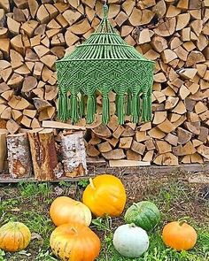 pumpkins and gourds in front of a pile of firewood with a green hanging lantern