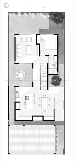 the floor plan for a modern house with two levels and an open living room, dining area