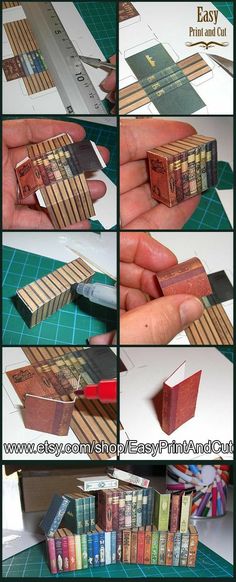 the instructions for making miniature books are shown in several different positions, including one being opened