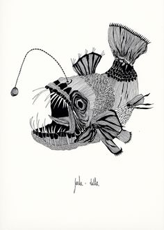 a drawing of a fish with its mouth open