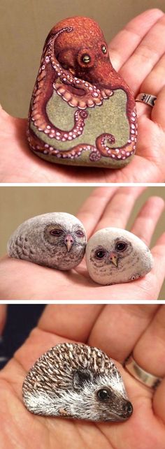 there are two pictures of an octopus and an owl in the palm of someone's hand