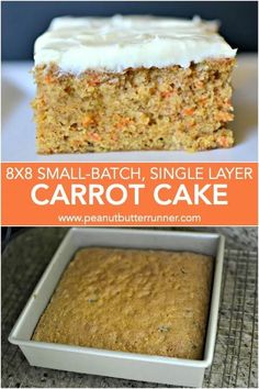 carrot cake with white frosting in a pan and an image of the same cake