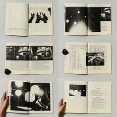 an open book with black and white photos on it next to a hand holding a mouse