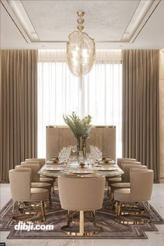 an elegant dining room set up with beige chairs