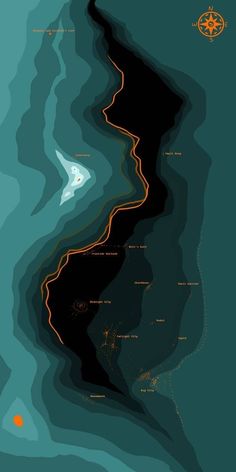 an abstract map with orange and black lines on the ocean floor, as well as other maps