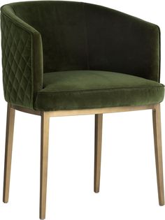 an upholstered green chair with wooden legs and a quilted backrest, viewed from the front