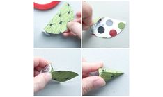 four pictures showing how to make an origami christmas tree with green leaves and polka dots