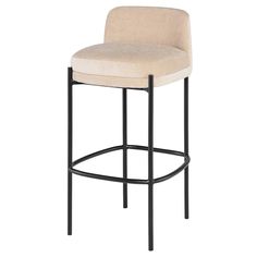 an upholstered bar stool with a beige seat and black frame, against a white background