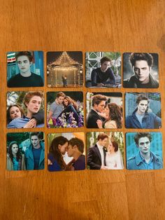 the twilight saga movie coasters are laid out on a wooden table with pictures of people